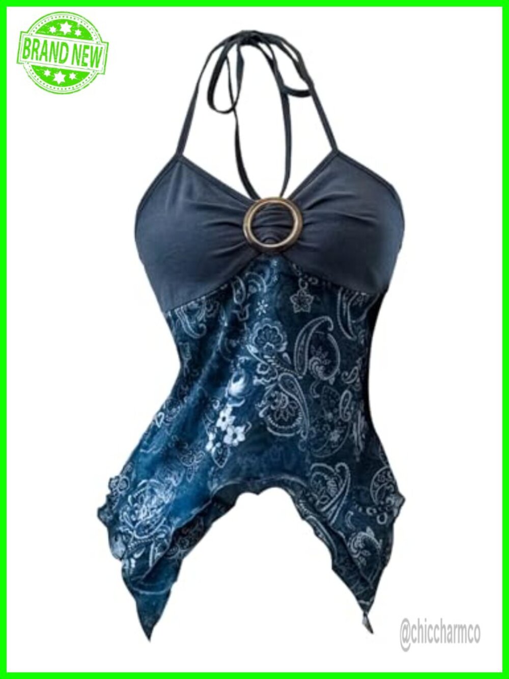 Women's Halter Retro Print Asymmetrical Mesh Camisole Boho Backless Sleeveless